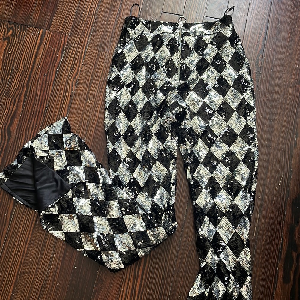 sequin bell bottom checker pants
